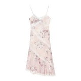 MQTIME  -  Sexy Pink Floral Printing Strap Mermaid Maxi Dress Women Lace Trim Summer V Neck Bow Slim Romantic Vacation Bag Hip Long Dress