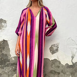 MQTIME  -  V-neck Long Dress With Sleeves Summer New Ladies Loose Party Dresses Vintage Pleated Stripe Printed Commuting Maxi Dresses