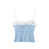 MQTIME  -  Woman's Fashion Sexy Slim Tank Top Blue Plaid Sleeveless Backless Bow Lace-Up Decorate Summer Short Tops Woman Trendy