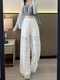 MQTIME  -  Lace Lace Waist Wide Leg Pants Summer New High Waist Hollow Out Straight Leg Pants Korean Fashion Loose White Casual Pants
