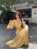 MQTIME  -  Women Print Yellow Mid-calf Dress Deep V Ruffles Flared Sleeve Spring Autumn Female Elastic High Waist Robe