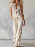 MQTIME  -  Retro Jumpsuit Women Sexy Slim Fit Stripe Print Short Sleeve Deep V-Neck Versatile Casual Wear Summer Fashion Pants
