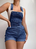  MQTIME  -  American Vintage Light Blue Denim Backless Shorts, High-Waisted Roll-Up Hem Slimming Casual Style, Loose-Fitting Women's Summer