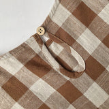  MQTIME  -  Vintage Brown Plaid Girls' Bubble Sleeved Dress Summer New Cute Baby Girl Round Neck Waist Pleated Loose Dresses