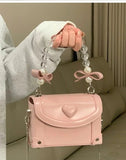 MQTIME  -  Sweet Pink Messenger Bag Women Fairycore Aesthetic Handle Pearl Chain Crossbody Bags Ladies Harajuku Heart Y2k Hand Bag