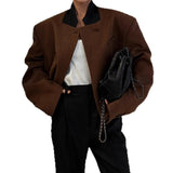 MQTIME  -  Elegant Woolen Patchwork V-neck Buttoned Jacket Short Coat 2025 New Women's Clothing