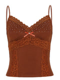 MQTIME  -  French Temperament V Neck Spaghetti Strap Sleeveless Slim Lace Patchwork Camis
