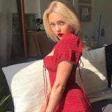 MQTIME  -  Red Printed Dress For Women With Retro Bubble Sleeves, Sexy High Waisted Short Sleeved Lace Up Corset Dress
