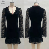 MQTIME  -  Women's Spring Autumn Deep V Neck Lace Patchwork Mini Dress Long Flare Sleeve Sheath Elegant Sexy Streetwear for Fashion