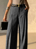 MQTIME  -  Women's Grey Business Casual Suit Pants 2025 New Fashion Elastic High Waist Wide Leg Loose Pleated Belt Trousers Bottoms