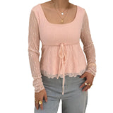 MQTIME  -  Elegant V-Neck Blouses with Tie-Up Front and Ruffle Detailing Long Sleeve  Fit Shirts for Women Perfect for Spring and