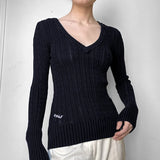 MQTIME  -  American Simple Color Contrast Letter Embroidery V-neck Slim Fitting Fried Dough Twists Sweater Spicy Girl Retro College Top