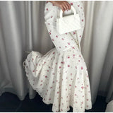  MQTIME  -  Chiffon Printed Ruffle Skirts Sets Women V-neck Short Puff Sleeve Button Cropped Shirt Slim Mermaid Skirt Summer Party Suit