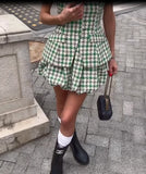 MQTIME  -  Green Round Neck Short Sleeve Two-piece Set Summer Women's Suit Plaid Tweed Peplum Blazer And Skirt lady Daily Street Wear