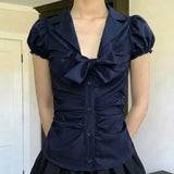  MQTIME  -  Temperament Preppy Style Bow V Neck Puff Short Sleeve Women's Blouse Y2k Aesthetic Harajuku Pleated Casual Shirts Spice Clothes
