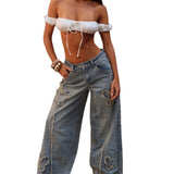 MQTIME  -  Style: Glittering Diamond Embroidered Denim Wide-leg Pants with High Waist for Slimming Effect - Feminine Cool Girl Pants