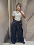 MQTIME  -  Fashion Stripe Pleated Wide Leg Pants For Women Casual Pockets High Waist Long Trousers Autumn New Lady Pants High Street