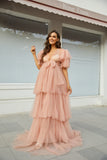Mqtime Pink Photography Maternity Dress Puffy Tulle Party Gowns Ruffles Tiered Pregnant Woman Photo Shoot Robe Real Pictures Custom