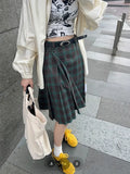 MQTIME  -  Vintage Plaid Midi Skirt Women American Retro Pleated A-line High Wasit Skirts Summer Fashion Uniform Aesthetics Clothes