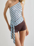 MQTIME  -  Women s Striped One Shoulder Tank Top with Tie-Up Waist and Sleeveless Design - Chic Streetwear Aesthetic Vest for Casual Wear