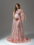 MQTIME  -  Blush Pink Maternity Dress with 3D Flower Embroidery, Boho One Shoulder Gown for Pregnancy Photoshoot Baby Shower Maternity Gown