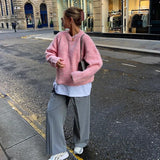 MQTIME  -  Elegant Oversize Knit Women Pullover Full Sleeve O Neck Female Sweater 2024 Autumn Winter Fashion Pink Warm Soft Lady Knitwear