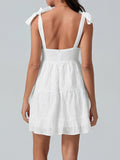 MQTIME  -  Women Summer White Dress Bow Lacing Strap V-Neck Hollow Eyelet Ruffle Hem A-Line Short Cami Dresses