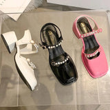 Mqtime Mary Jane Female Sandal Block Heels Comfort Shoes For Women Square Toe 2022 Summer Girls Chunky Pink White Black  Fashion