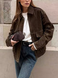 MQTIME  -  Women Elegant Suede Brown Bomber Jackets Fashion Ladies Casual Loose Outfits for Vintage Female Chic Clothes Cute