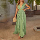 MQTIME  -  Elegant Ruffles Stitching Solid Color Party Dress Summer 2025 V-Neck Party Dress Ladies Chic Circle Waist Hollow Evening Dress