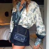 MQTIME  -  Vintage Pattern Printed Commuting Blouse 2025 Women Fashion Lapel Long Sleeve Loose Shirt Elegant Button Hight Street Top Blusa