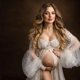 Mqtime  Elegant Maternity Photography Props Dress Pearls Tulle Bridal Gown Maternity Dresses for Photoshoot Off Shoulder Babyshower Gown