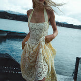 MQTIME  -  Fashion Backless Pleated Beach Dresses Sexy Women's Halter Hollow Out Holiday Dress Lace High Waist Slim Fit Summer Long Dress