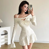 MQTIME  -  Spicy Girl Sexy Short Dress Women Spring Summer Hollowed Out Off Shoulder Pleated Dress Slim Waist Wrapped Hip White Dress