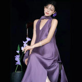MQTIME  -   Elegant Maternity Photo Shoot Dress – Stylish Purple V-Neck Sleeveless Dress for Pregnant Women Studio Photography Clothing