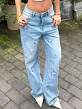 MQTIME  -  New Chinese Style Embroidered Jeans for Women In Early Autumn Personalized Fashion Slim Wide Leg Straight Leg Denim Pants