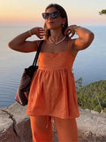  MQTIME  -  Orange Drawstring Women Wide Leg Pants Suit Elegant Sleeveless Ruffles Pleated Hem Sling Tops Lady Two Piece Set Street Outfits