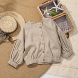 MQTIME  -  Retro Ramie Long-Sleeved Children's Cardigan Solid Color Button-Down Coat Autumn Winter Casual Lantern Sleeve Shirt Jacket