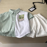 MQTIME  -  Boys' Suit Spring and Summer New Children's Wear Korean Boy Baby Striped Splicing Shirt Casual Shorts Two-piece Set