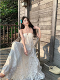 MQTIME  -  Dresses Women Floral Printed Ruffles Elegant Holiday Beach Wedding Party Cocktail Dress Backless Fairy Princess