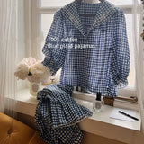 Mqtime Women Korea Style Loose Design Nightwear Autumn Full Sleeves Two-Pieces Cotton Pajamas Sweet Turn-Down Collar Blue Plaid Pyjamas