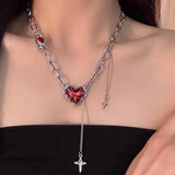 Mqtime Gothic Vintage Red Heart Star Cross Pendant Chain Necklace For Women Men Halloween Punk Y2K Grunge Hip Hop Jewelry Accessories