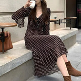 MQTIME  -  Ladies Vintage Polka Dot Chiffon Maxi Dress V Neck Flare Bell Long Sleeve Autumn Slim High Waist Casual Evening Party Long Dress