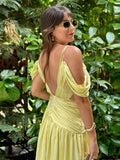 MQTIME  -  ﻿ Elegant Women's Butter Yellow Maxi Dress Off-Shoulder  Plunge Ruched Waist Side Cutout High Side Slit Formal Evening Party Gown