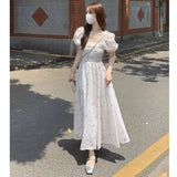 MQTIME  -   2024 Summer New Women's Fragmented Flower Bubble Sleeve Dress Square Neck Short Sleeve French Kikyu Tea Break Dress