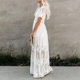 MQTIME  -  Summer Lace Maxi Dress V Neck Short Sleeve Embroidery Elegant Vestidos Vacation White Floor Length Dress Party Robes