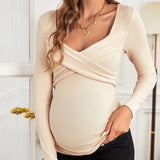 Mqtime Pregnant Women's Fashion Cross Wrap Sweetheart Long Sleeve V-Neck Ribbed Pregnant Mom Autumn/Winter T-shirt Top