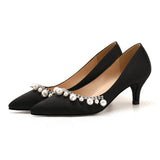 MQTIME  -  Fashion New Thin Heel Pointed Pearl Rhinestone French Low Heel High Heels Single Shoes