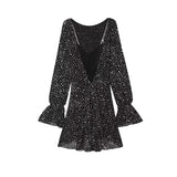 MQTIME  -  Casual Black Polka Dot Printed Mini Vestido Women Round Neck Long Sleeve Pleated A-line High Waist Dresses Lady Street Wear