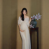 MQTIME  -  Women Maternity Photoshoot French White Elegant V-neck Off-shoulder Dress for Pregnancy Studio Photoshoot Clothing Fotografia